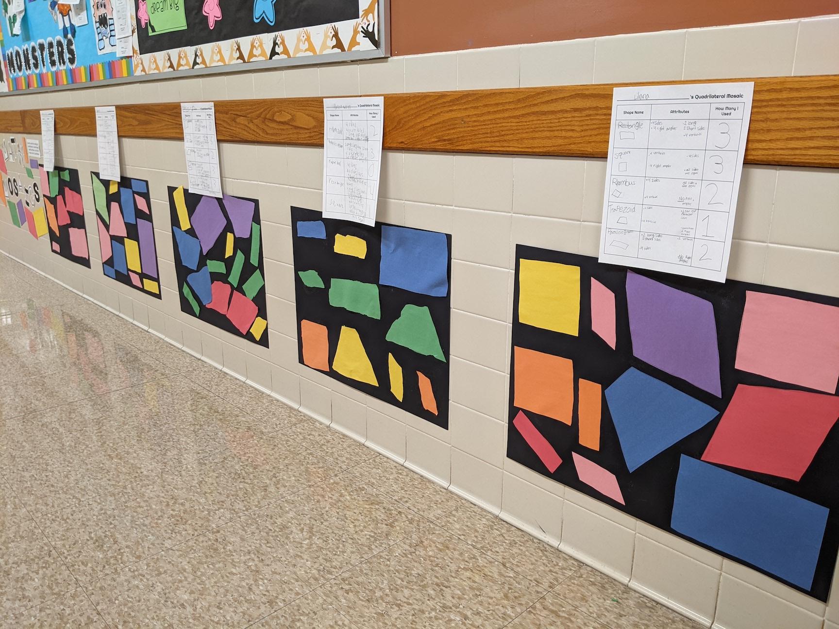 The completed, colorful mosaics are displayed in the hallway for all to enjoy