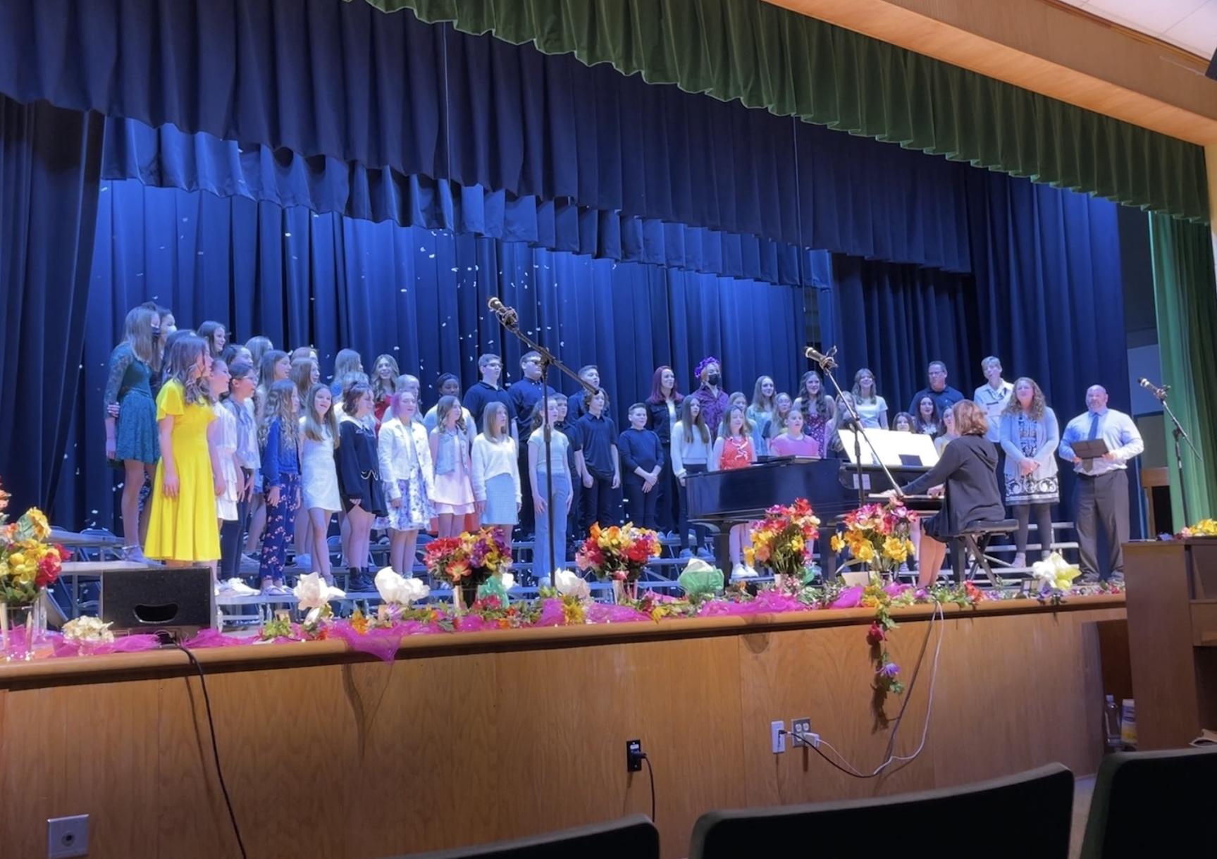 The closing song featuring the TMS Chorus and Mr. Sullivan, Mrs. Rodgers, Mrs. Sekera, Mrs. Lamanna, and Mr. Bacco