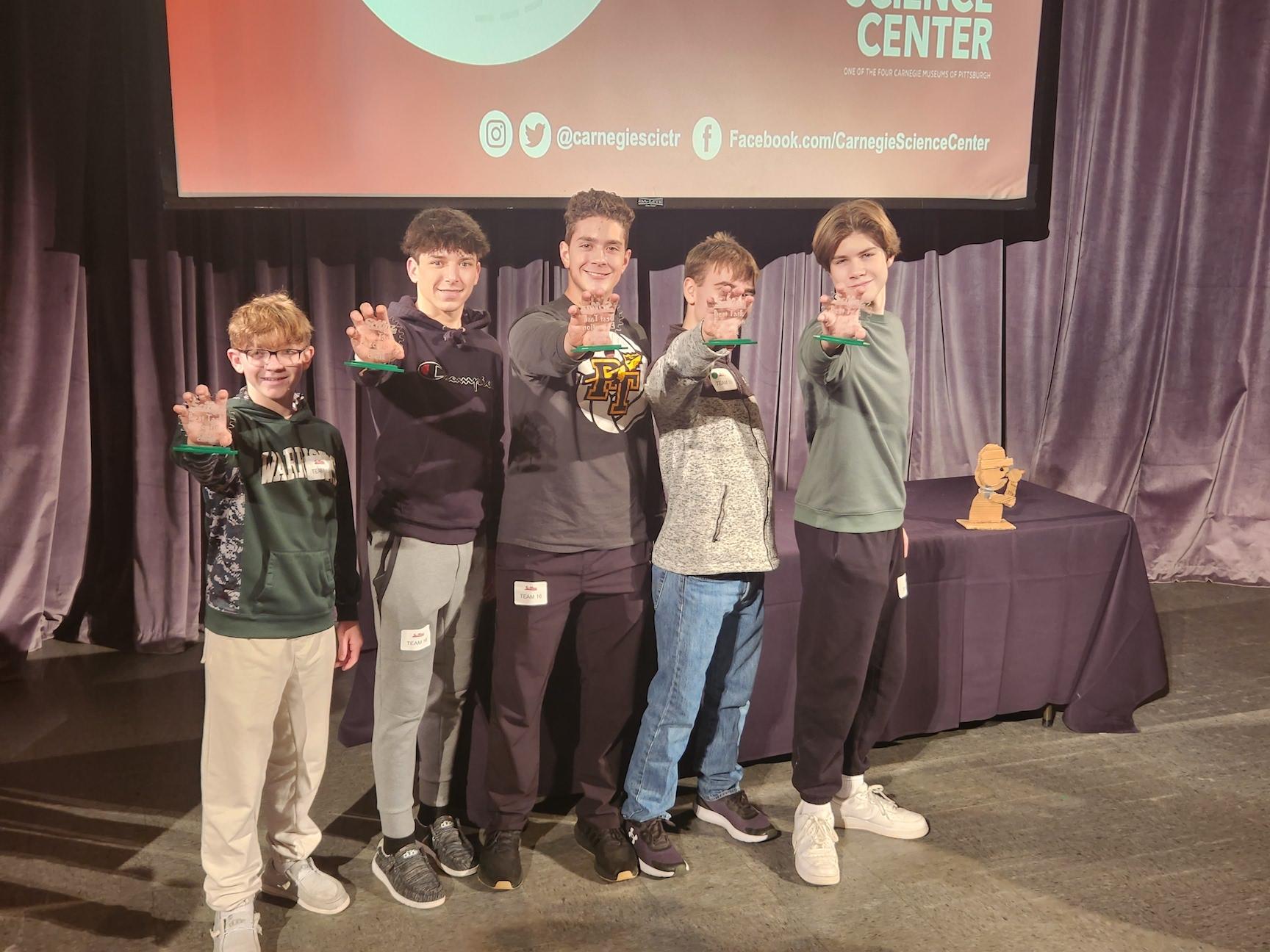 Penn-Trafford’s Team 1 earned the award for Best Execution of the Theme; (left to right) Jacob Lang, Logan Matrisch, Drew Sherwin, Eli Emahizer, Ethan Goldsworthy