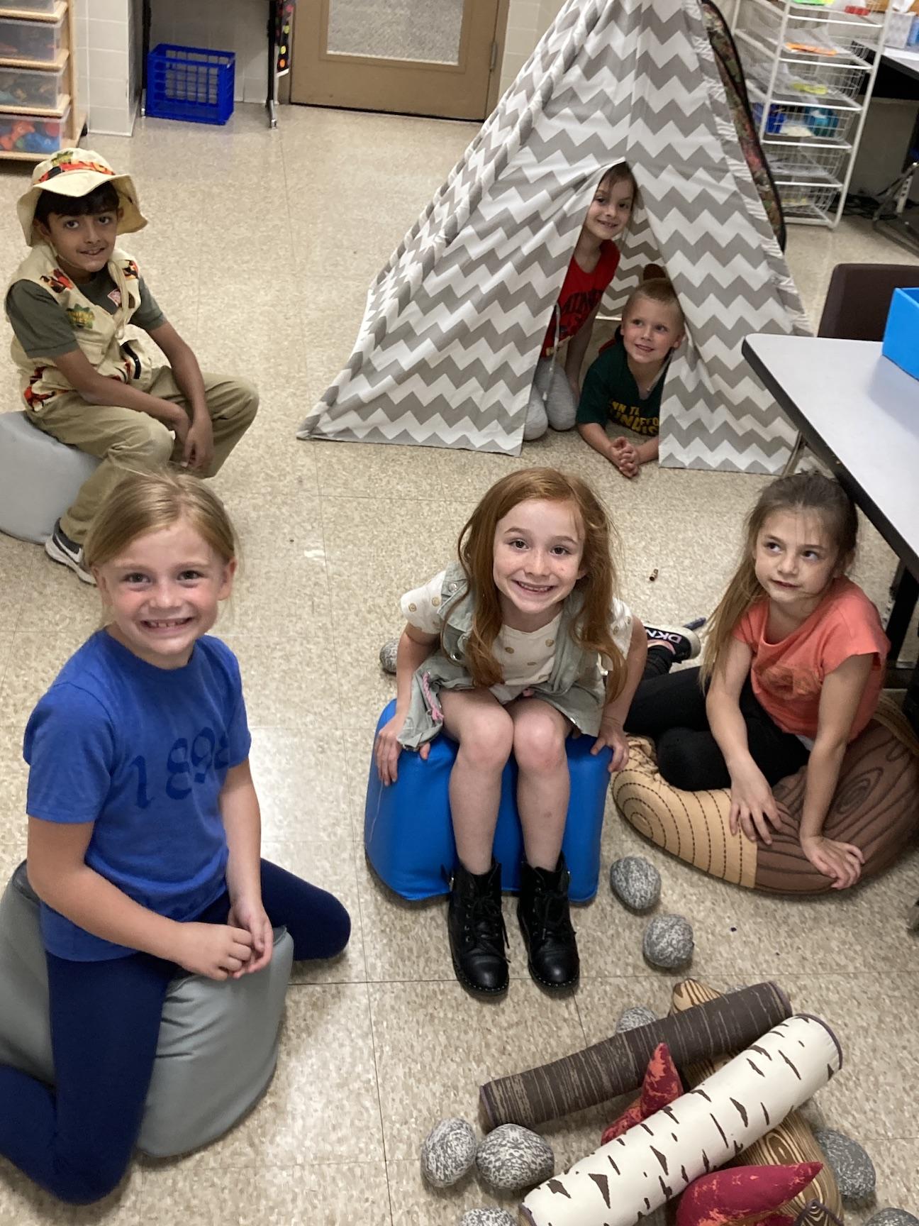 Students were excited for their camping day; (front) Gracie Long, Emma Schweikarth, Mackenzie McCarty, (back) Adil Khatri, Annabelle Romanelli, and Connor Krefta