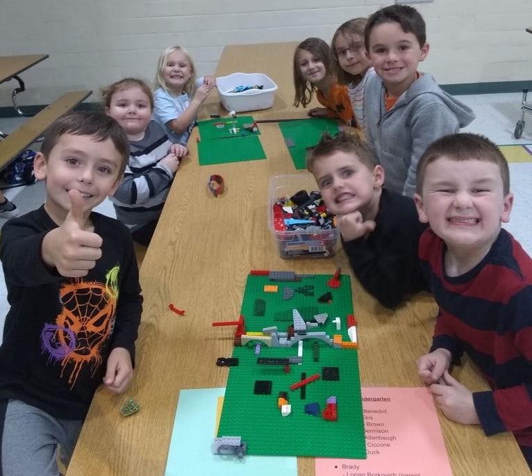 These kindergarteners had a great time at Lego club; (front-to-back left) Logan Borkovich, Lorenzo Brown, Macky Ekis, (front to back right) Cullen Duck, Jonah Dennison, Vincent Ciccone, Alaina Benedict, Kelsey Altenbaugh
