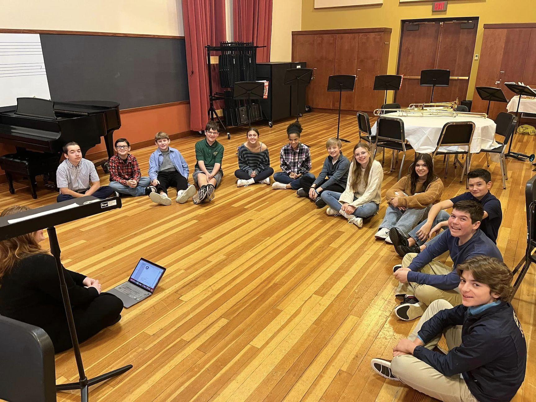 The brass students have a breakout session with one of the Seton Hill music education majors