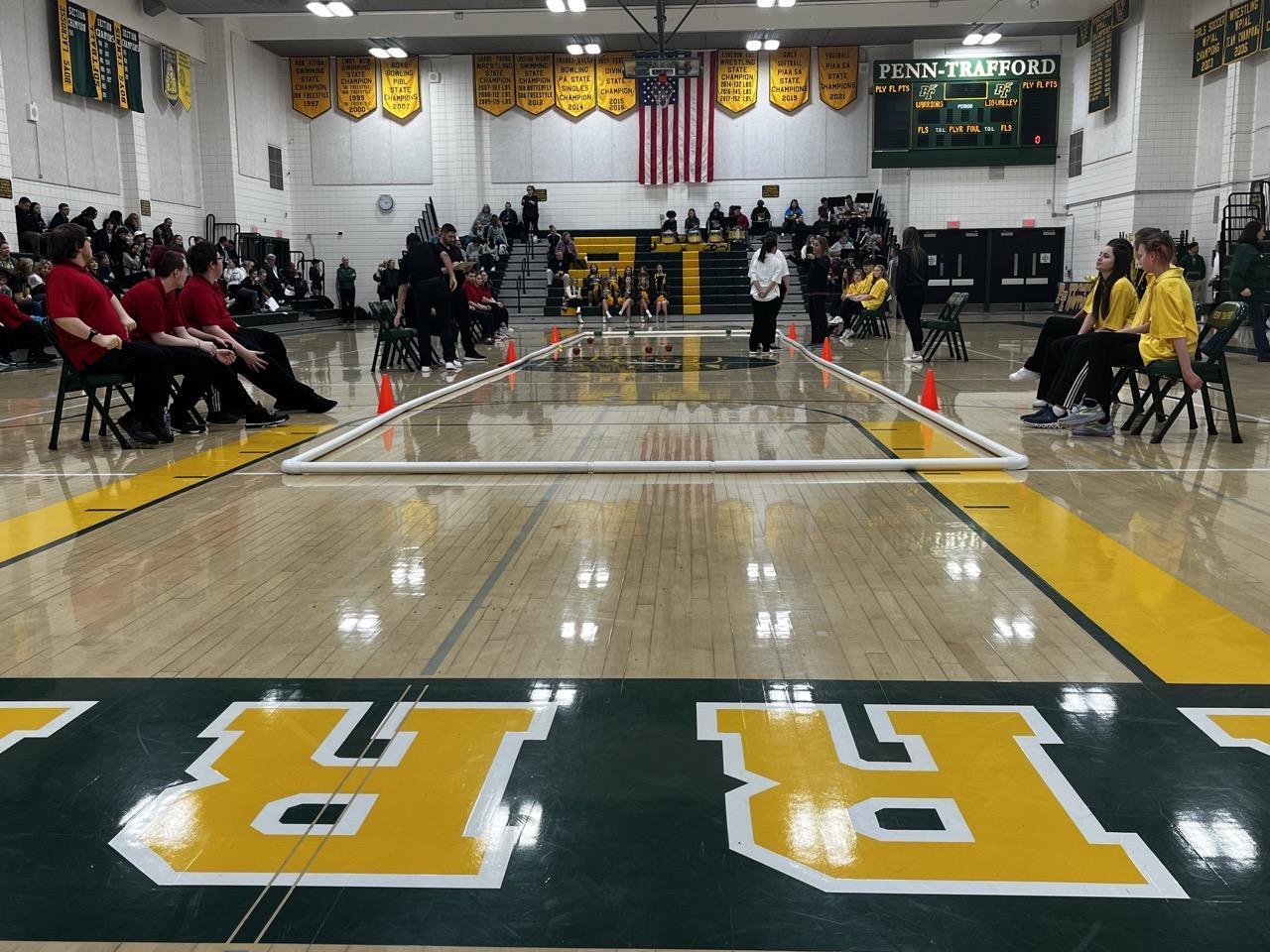 The 12’ x 60’ bocce court was set up in Penn-Trafford’s main gymnasium