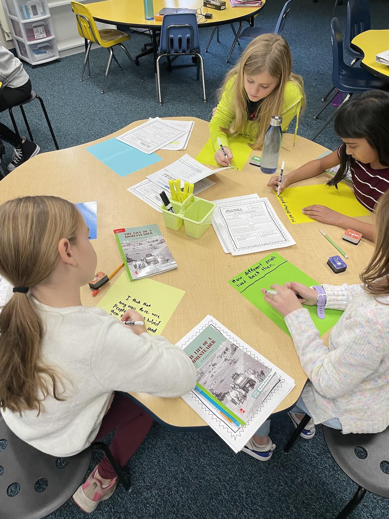 Third-graders Rylee Watson,Tenley Dubyak, Rasali Nandasiri, and Zeplynn Wade are perched upon the new stools during a collaborative guided reading lesson