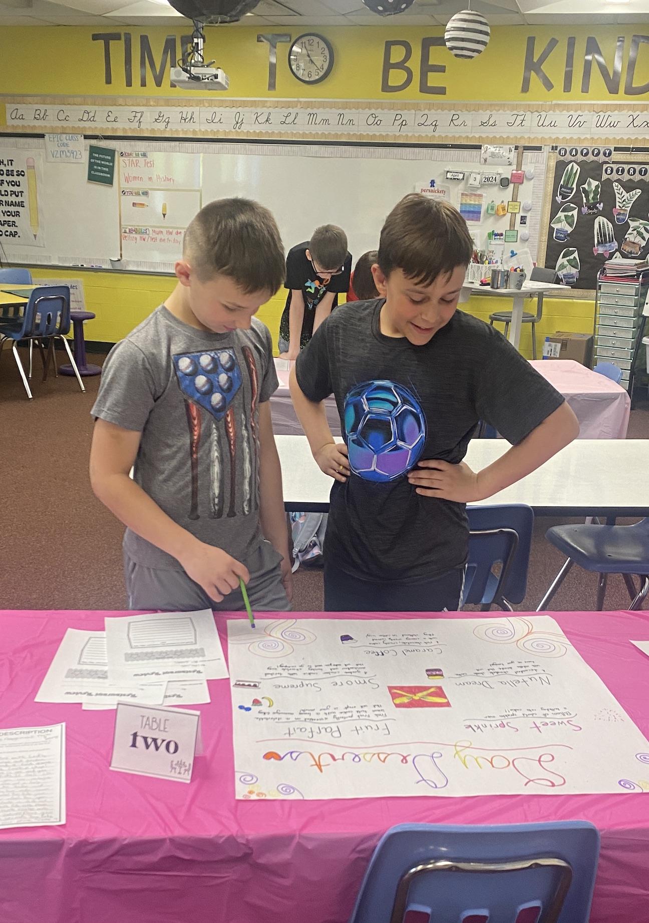 Luke Wonnacott and Caleb Leitch review classmates’ project